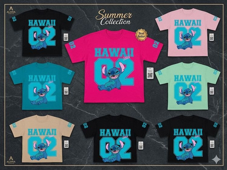 تیشرت باکسی دخترانه مدل Hawaii stich رنگبندی متنوع